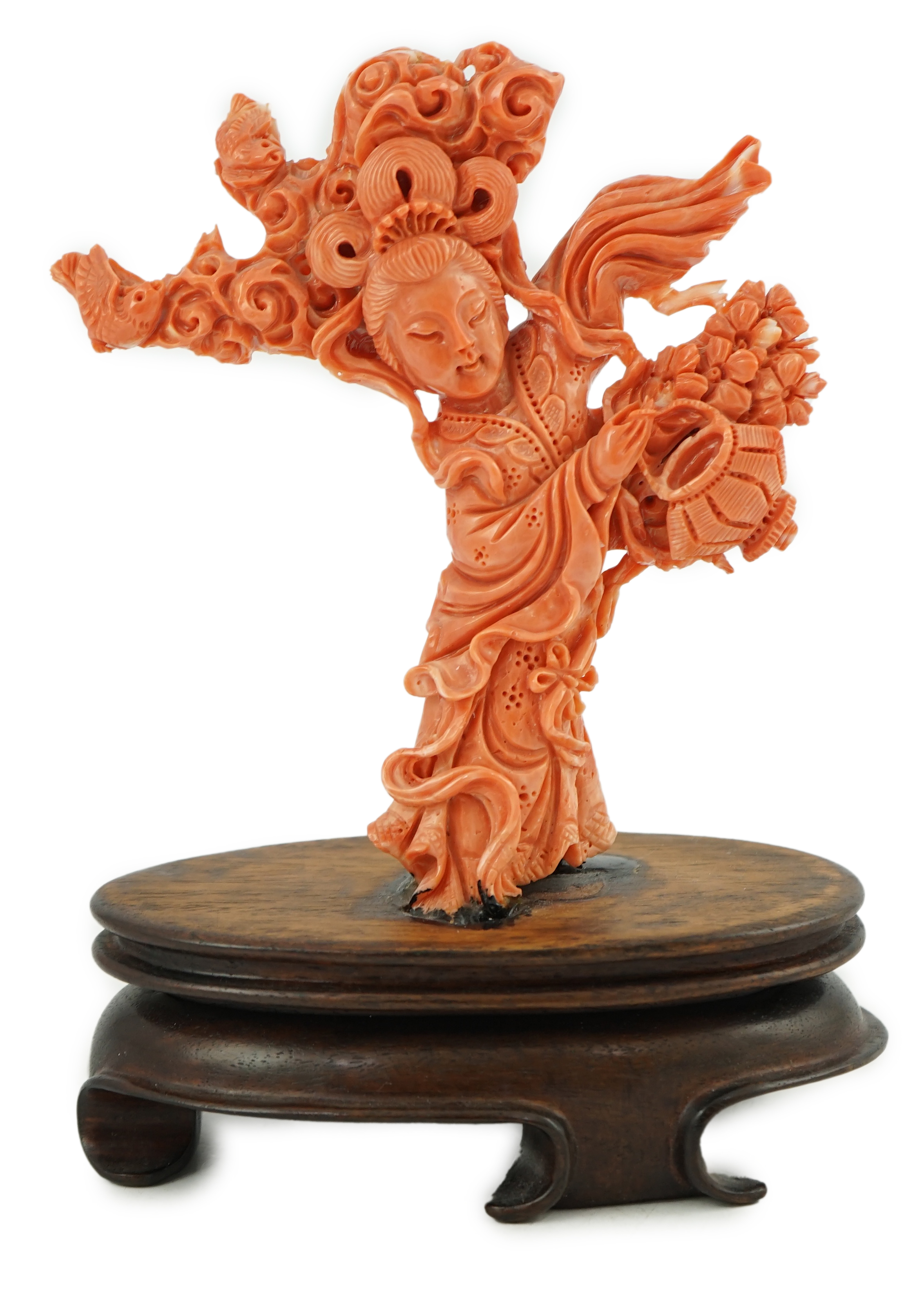 A large Chinese coral carving of a flower fairy, mid 20th century